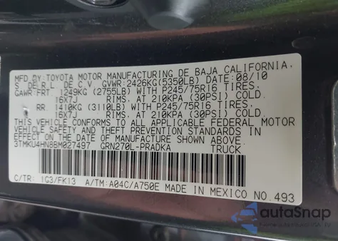 2011 Toyota Tacoma Prerunner V6 z USA, uszkodzony, nr VIN 3TMKU4HN8BM027497